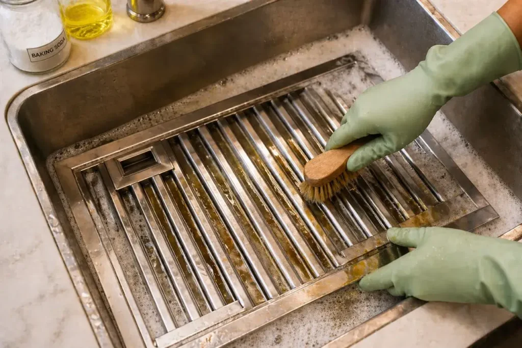 baffle filter soaking in hot soapy water