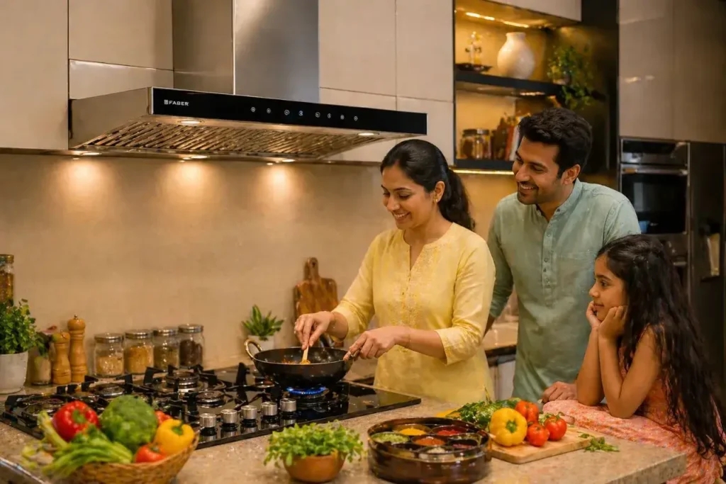 happy Indian family Baffle Filter Vs Filterless Chimney