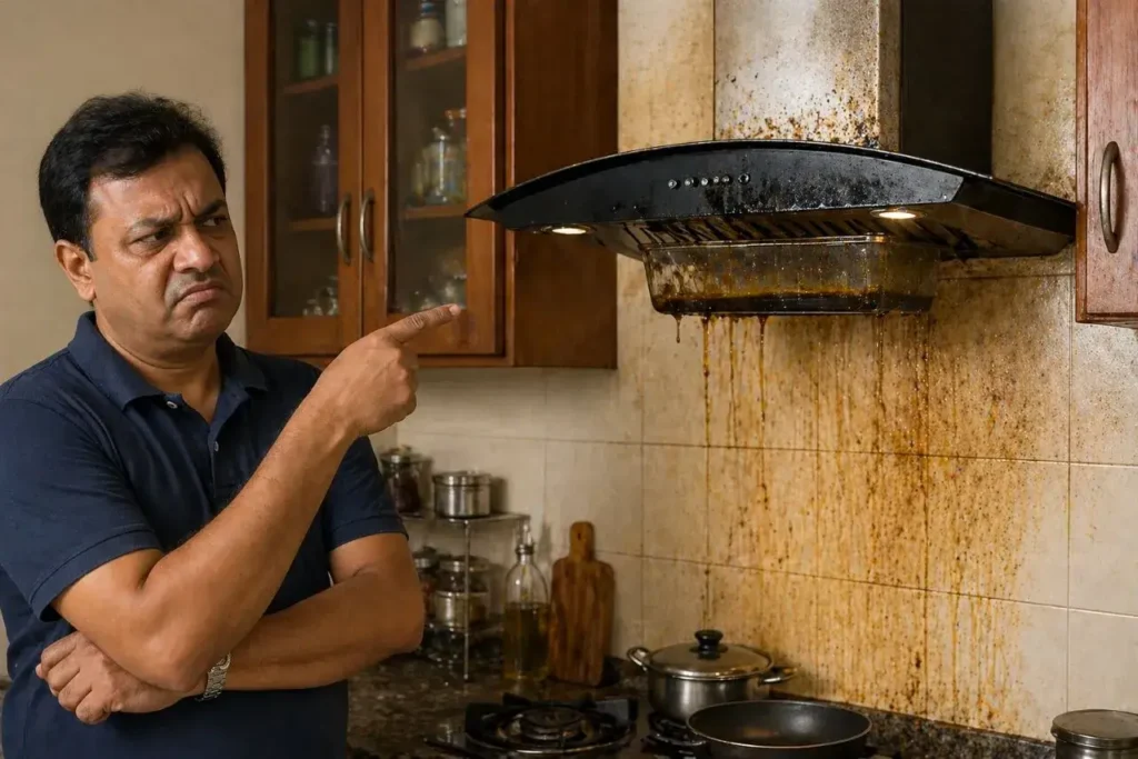 kitchen pointing at a wall-mounted chimney Baffle Filter Vs Filterless Chimney