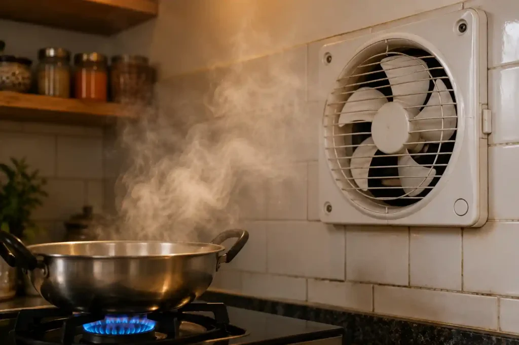 2 steam rising in a warm kitchen