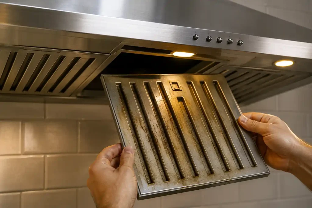 3 Removing grease filter from kitchen hood Glen or Faber chimney