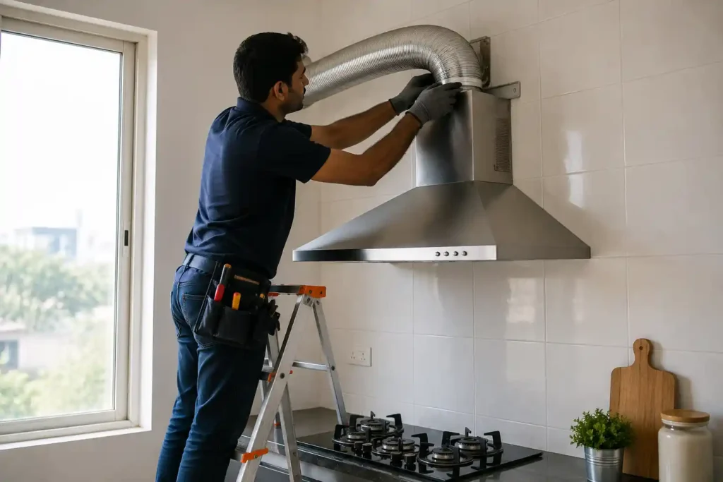 5 Installing range hood in modern kitchen Glen or Faber chimney