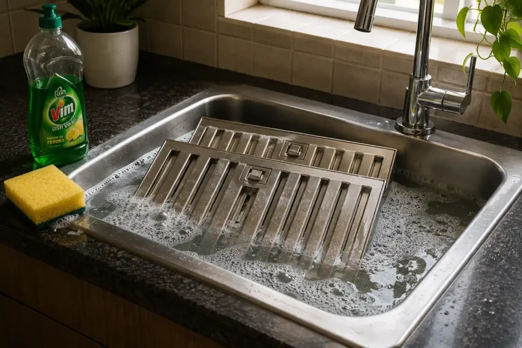 6 Soap suds and metal filters by sink Glen or Faber chimney