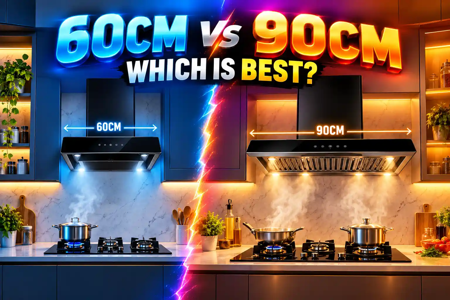 Kitchen chimney width comparison for 60 cm and 90 cm models