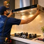 Kitchen chimney installed above a cooktop in a modern kitchen