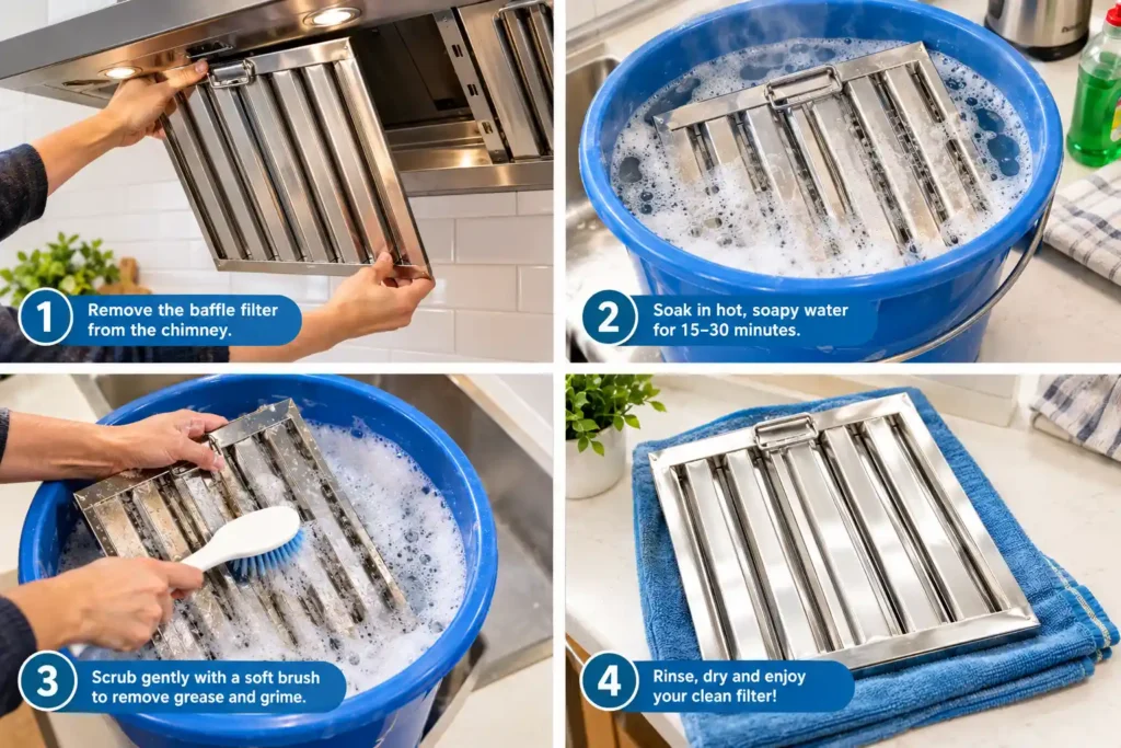 4 Four-Step Range Hood Filter Cleaning Guide How to Clean a Kitchen Chimney at Home